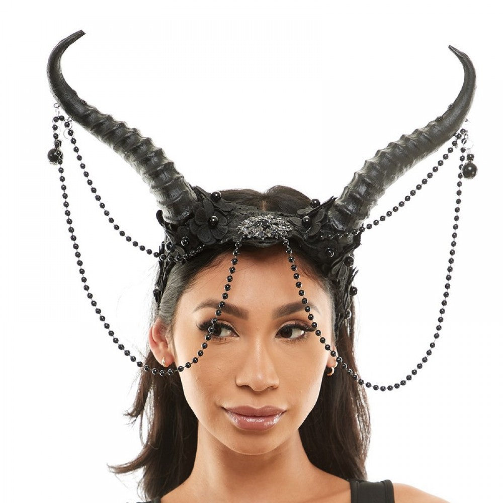 HEADPIECE HORNS WITH LACE BEAD CHAIN BLACK