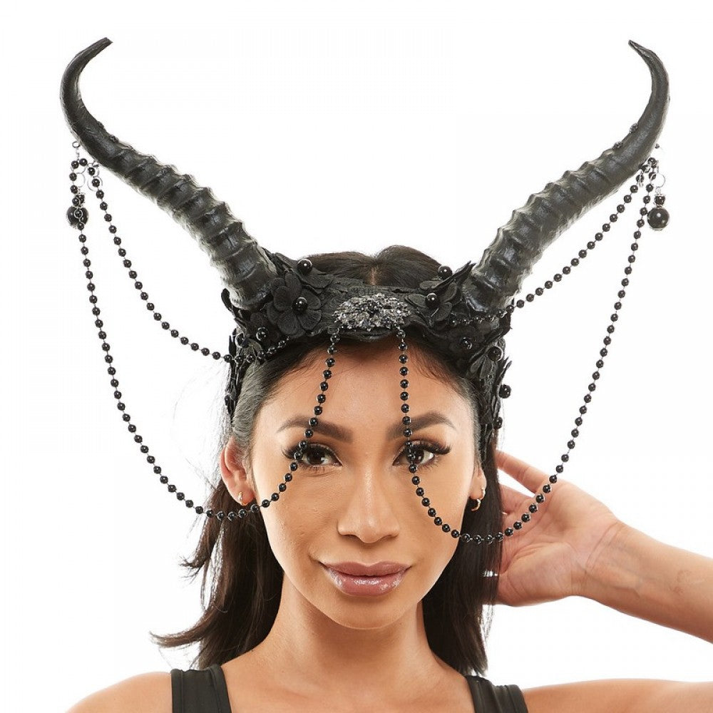 HEADPIECE HORNS WITH LACE BEAD CHAIN BLACK