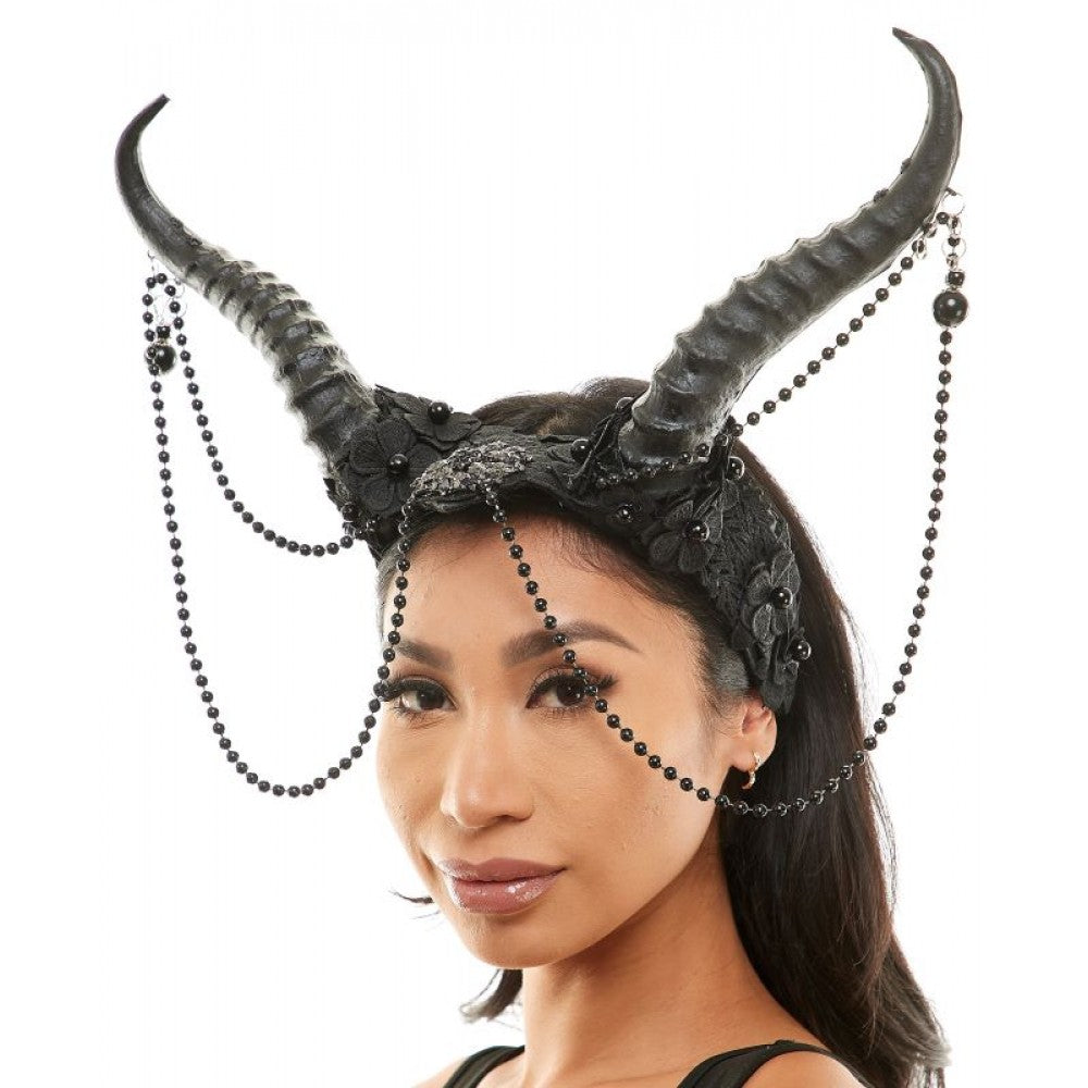 HEADPIECE HORNS WITH LACE BEAD CHAIN BLACK