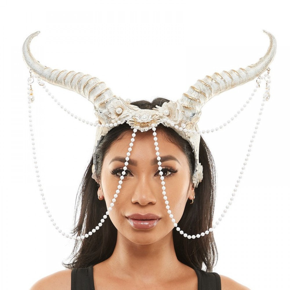 HEADPIECE HORNS WITH LACE BEAD CHAIN WHITE