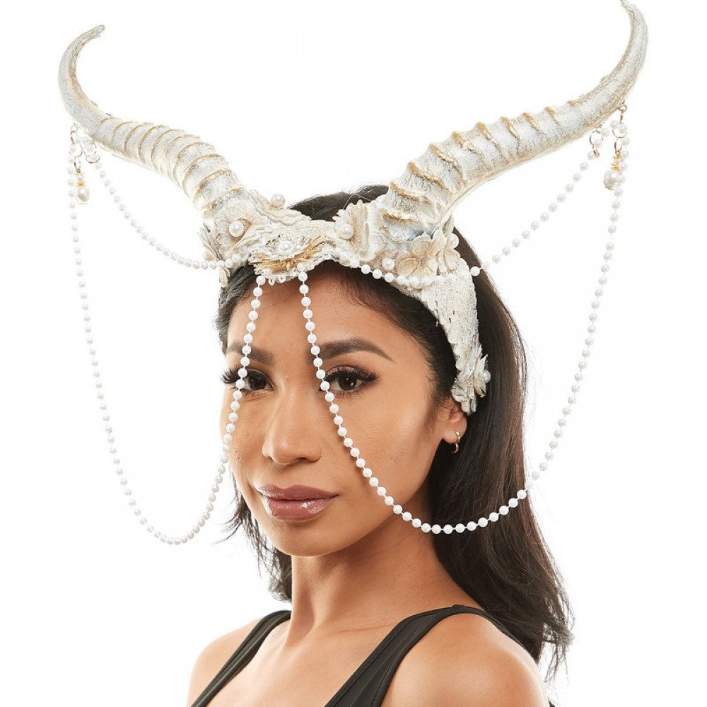 HEADPIECE HORNS WITH LACE BEAD CHAIN WHITE