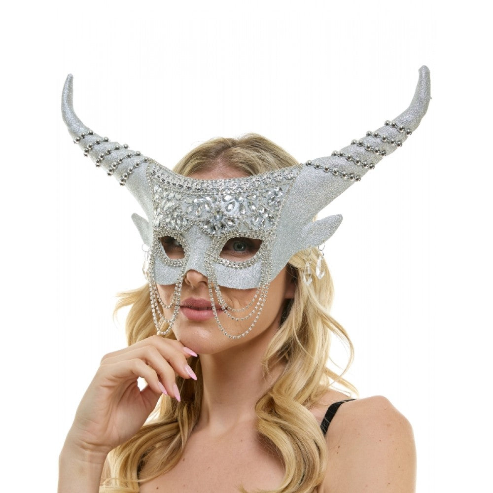 SILVER JEWELED MASK WITH LONG HORNS