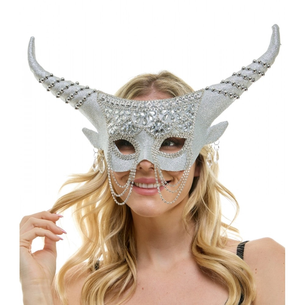 SILVER JEWELED MASK WITH LONG HORNS