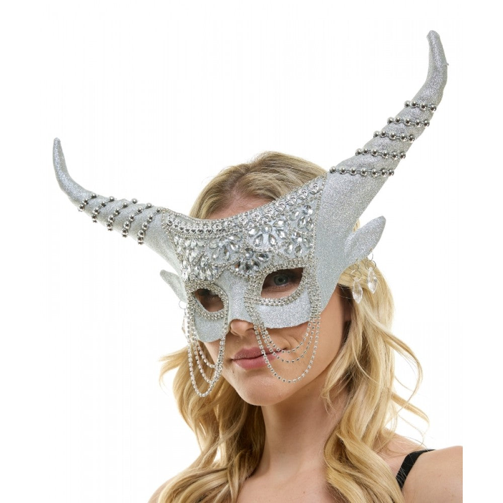 SILVER JEWELED MASK WITH LONG HORNS