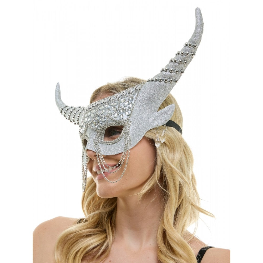 SILVER JEWELED MASK WITH LONG HORNS