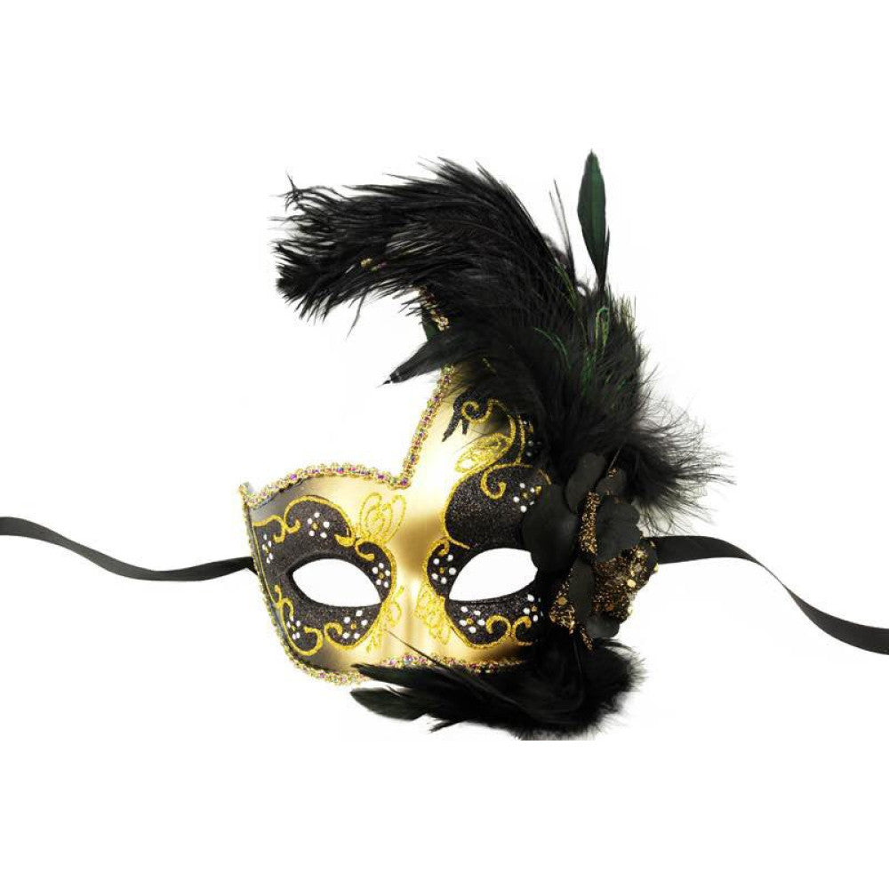 VENETIAN STYLED MASK WITH FEATHER BLACK/GOLD