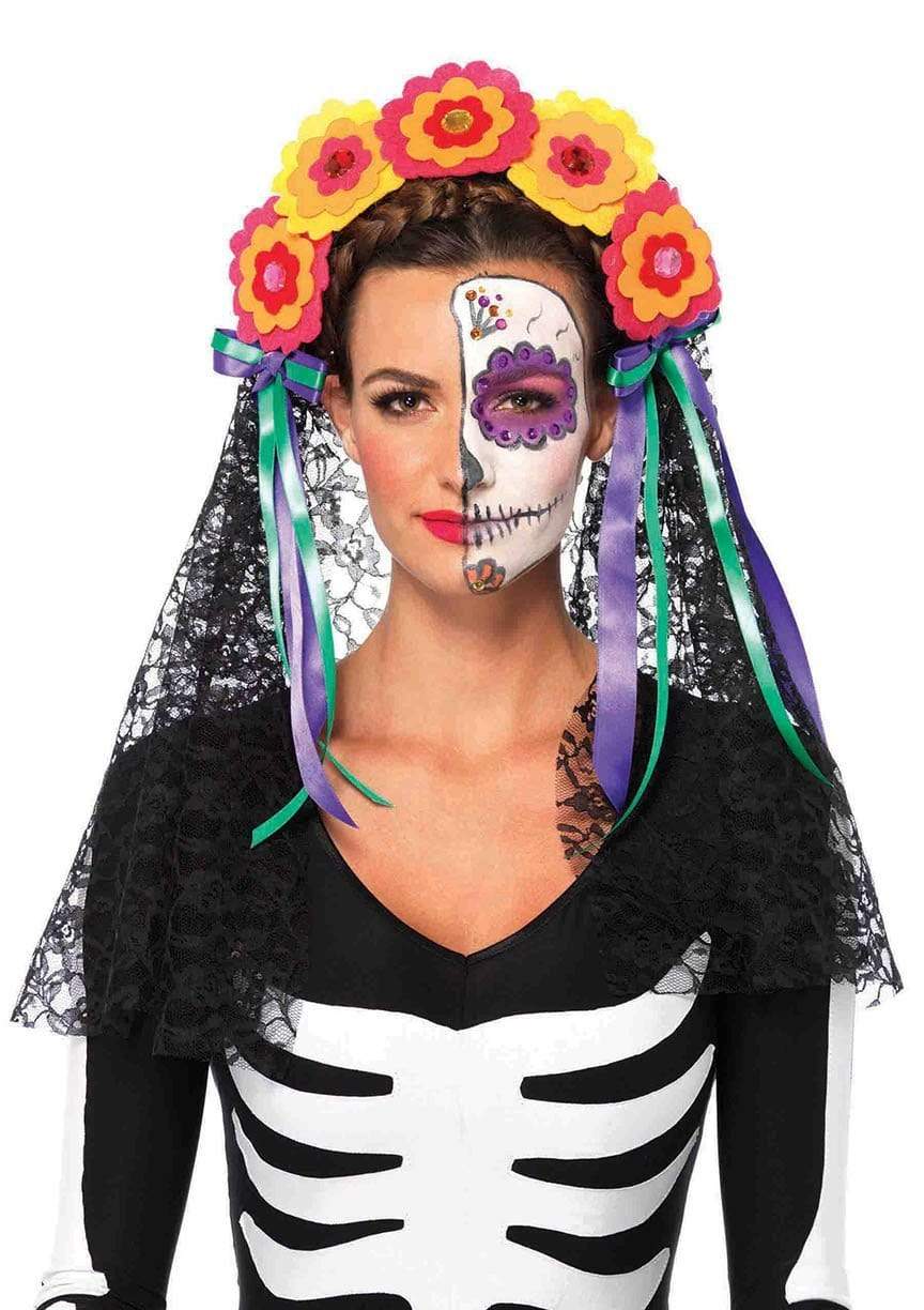 LEG AVENUE DAY OF THE DEAD FLOWER HEADBAND WITH VEIL (ONE SIZE)